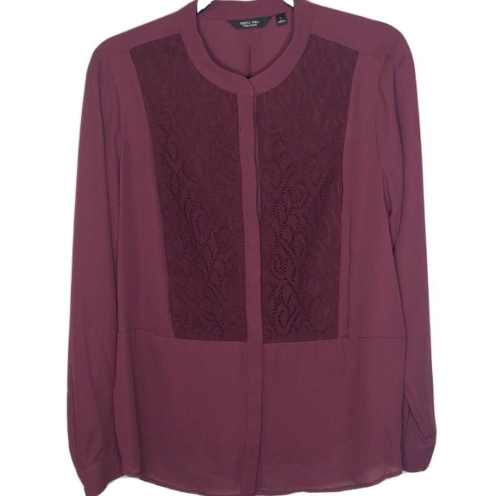 Simply Vera Wang Blouse Size L Burgundy Lace Long Sleeve Career